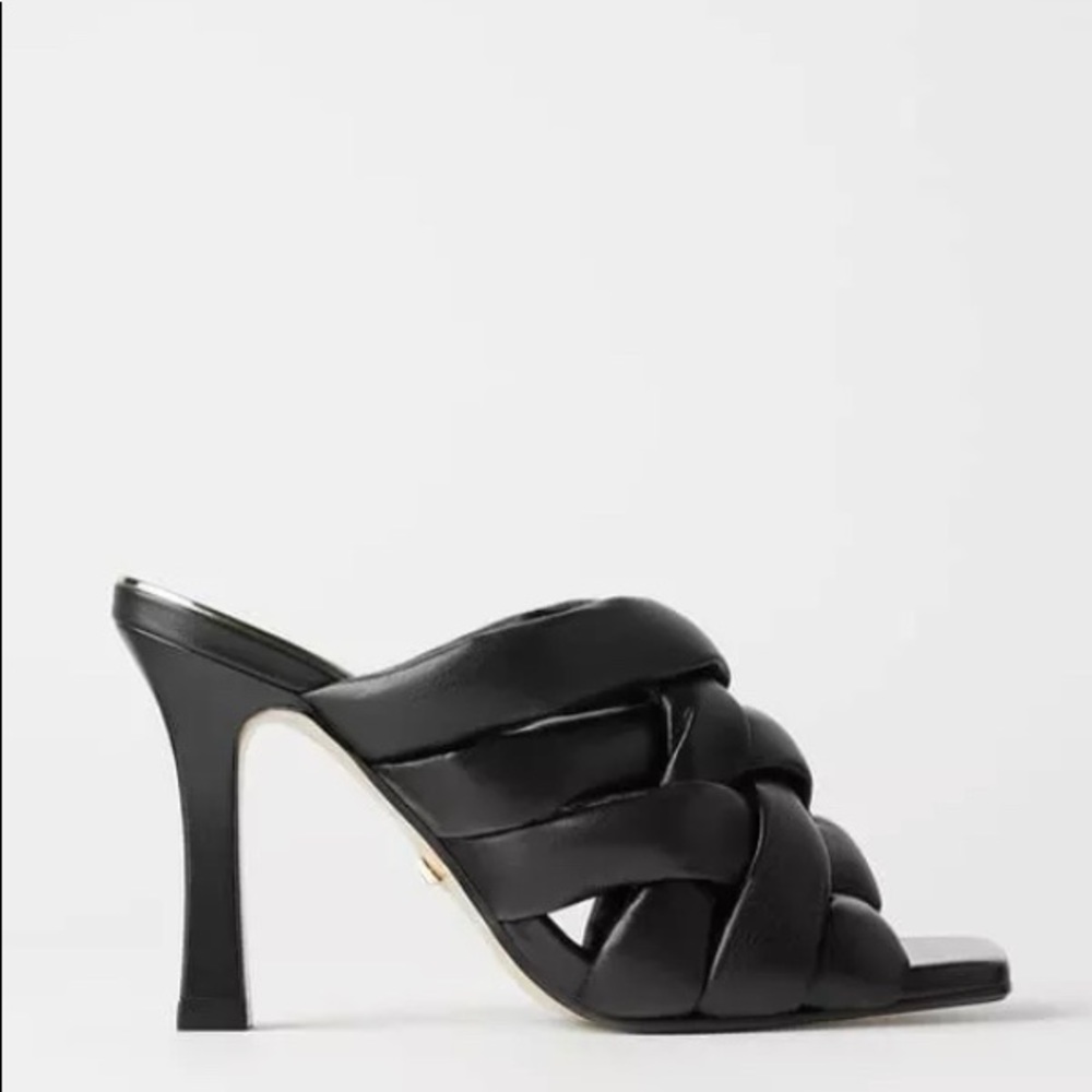 ZARA BLACK LEATHER SQUARE TOE HEEL MULES- SZ: 9